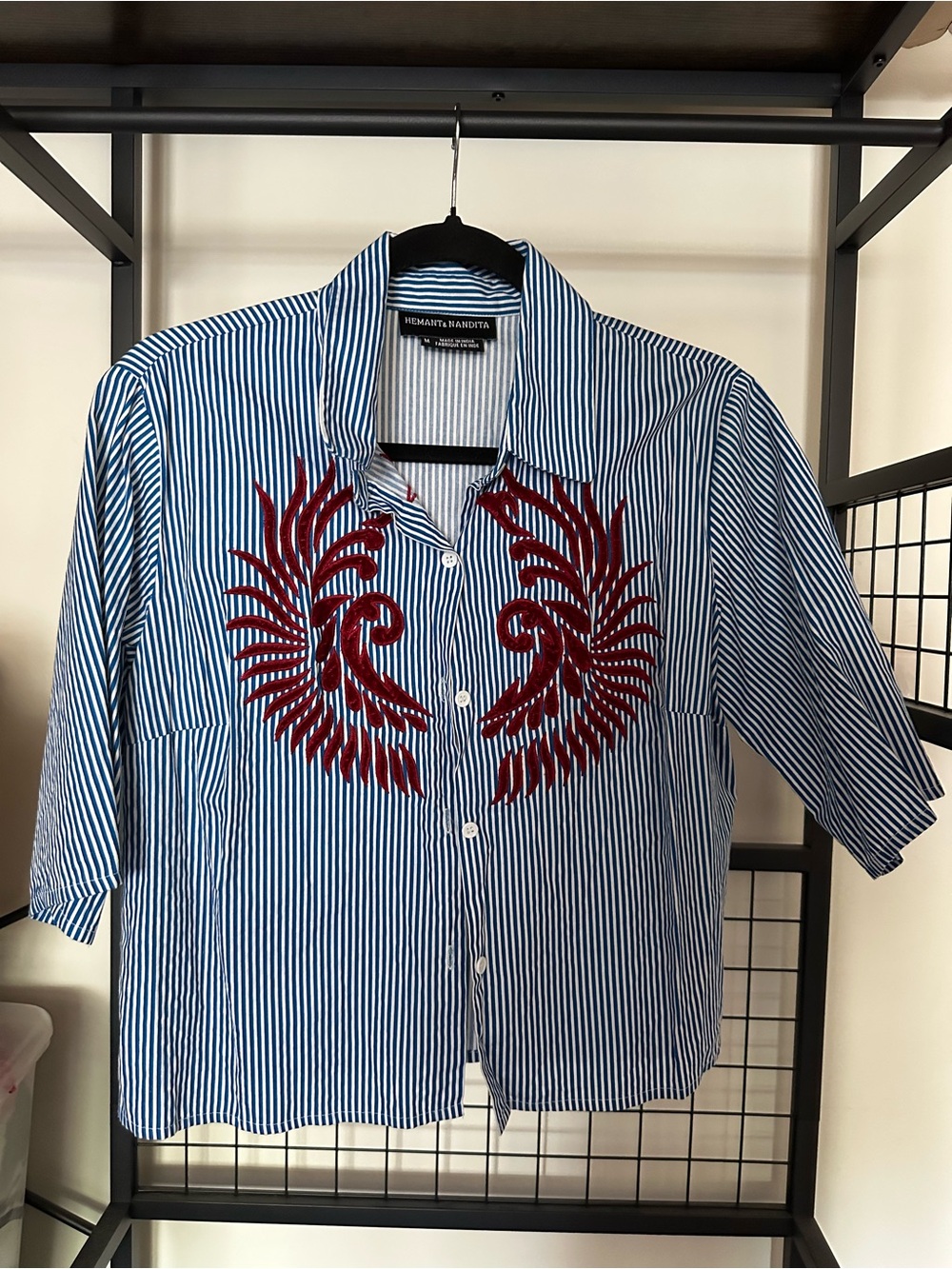 HEMANT & NANDITA Blue Striped Button-Up Shirt with Red Embroidery